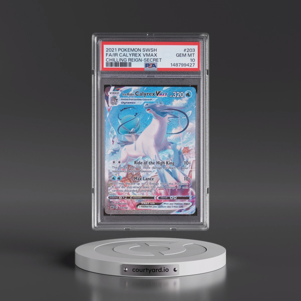 2021 Pokémon Sword & Shield Chilling Reign #203 Ice Rider Calyrex Vmax - Full Art Secret (PSA 10 GEM MINT)