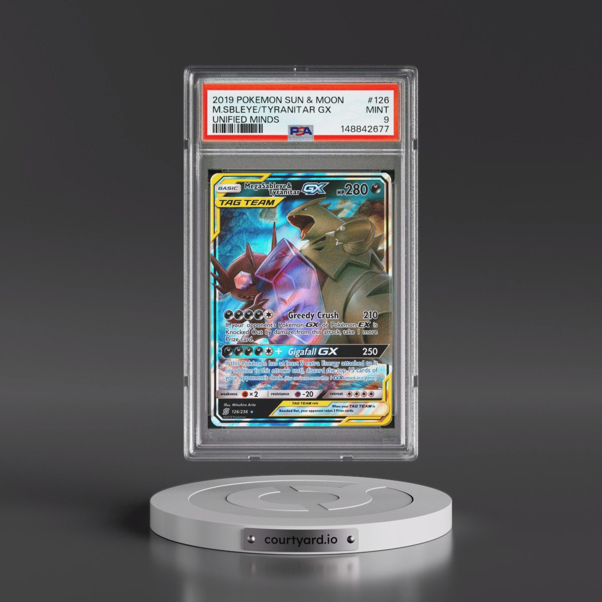 2019 Pokémon Sun & Moon Unified Minds #126 Mega Sableye & Tyranitar GX - Holo (PSA 9 MINT)