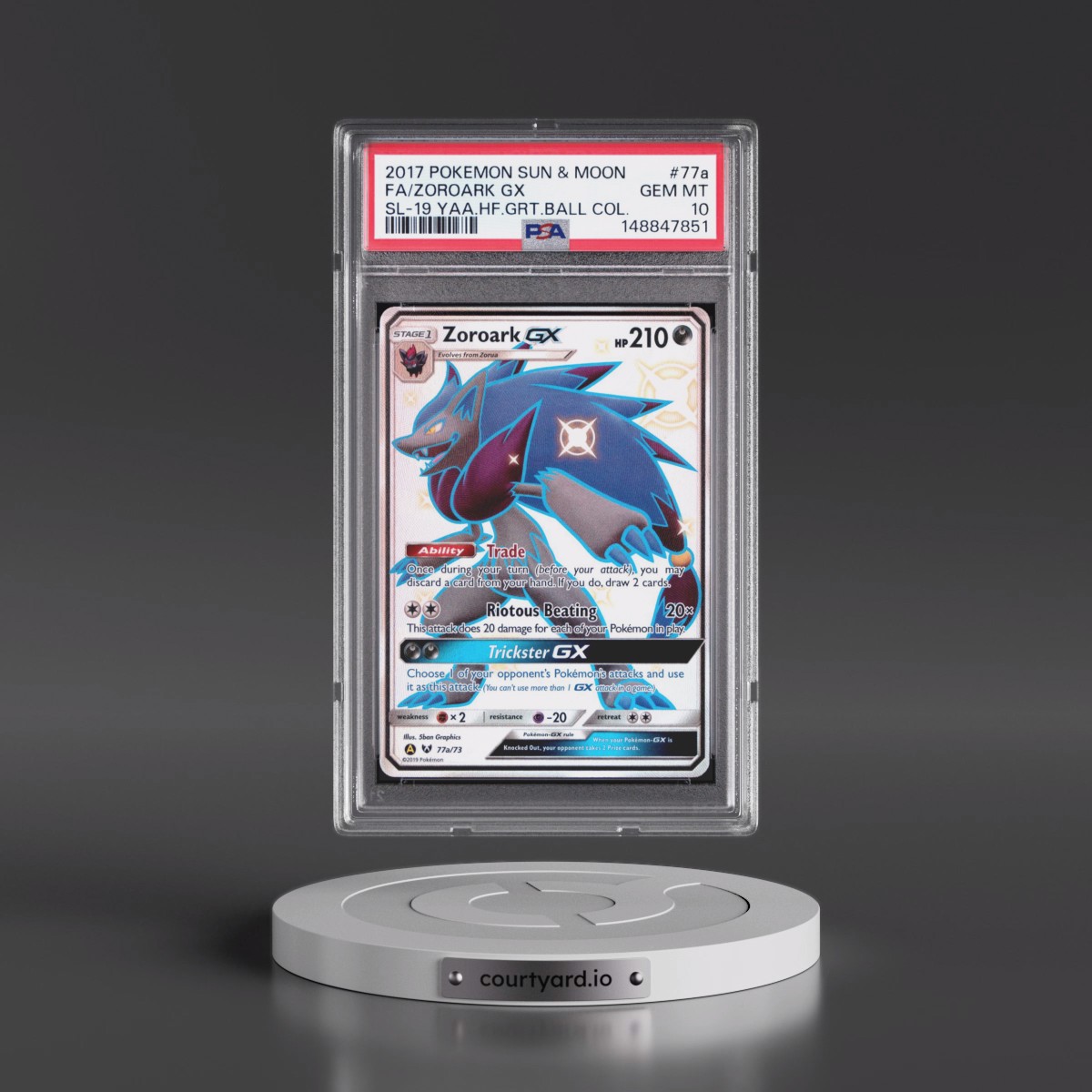 2017 Pokémon Sun & Moon Shining Legends #77a Zoroark GX - Holo Full Art 2019 Yellow A Alternate Art Hidden Fates Great Ball Collection (PSA 10 GEM MINT)