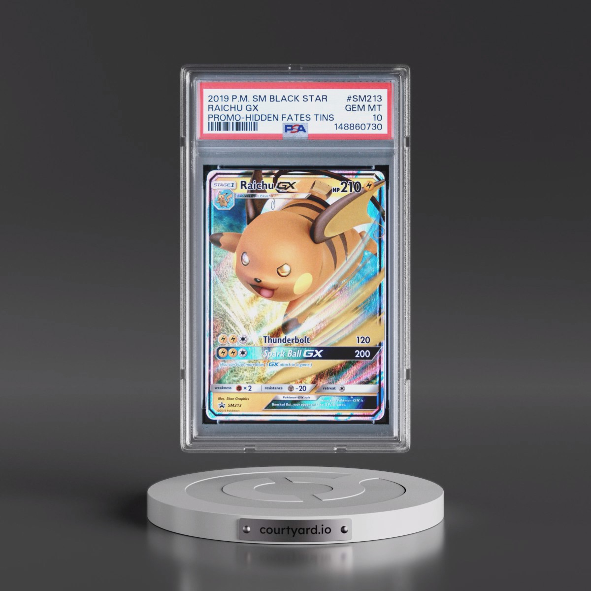 2019 Pokémon SM Black Star Promo #SM213 Raichu GX - Holo Hidden Fates Tins (PSA 10 GEM MINT)