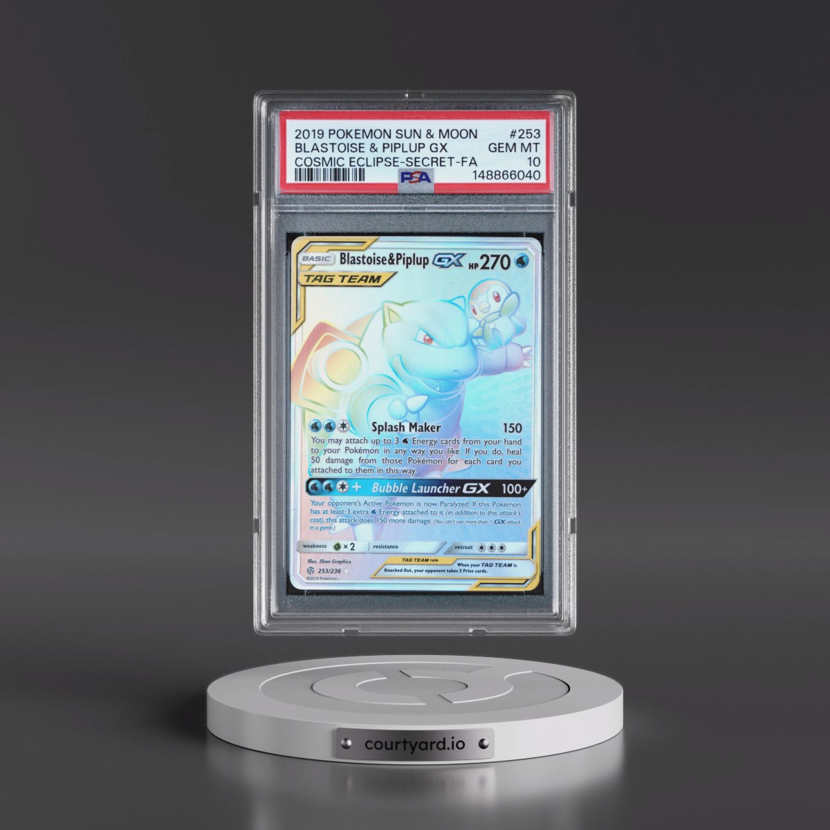 2019 Pokémon Sun & Moon Cosmic Eclipse #253 Blastoise & Piplup GX - Holo Full Art Secret (PSA 10 GEM MINT)