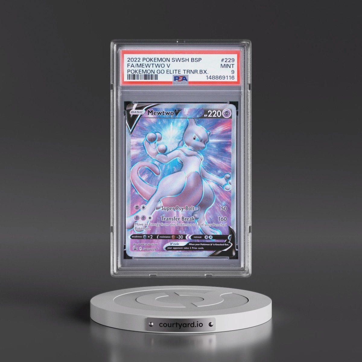 2022 Pokémon Swsh Black Star Promo #229 Mewtwo V - Holo Full Art Pokemon Go Elite Trainer Box (PSA 9 MINT)