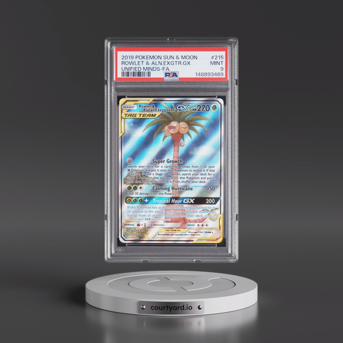 2019 Pokémon Sun & Moon Unified Minds #215 Rowlet & Alolan Exeggutor GX - Holo Full Art (PSA 9 MINT)