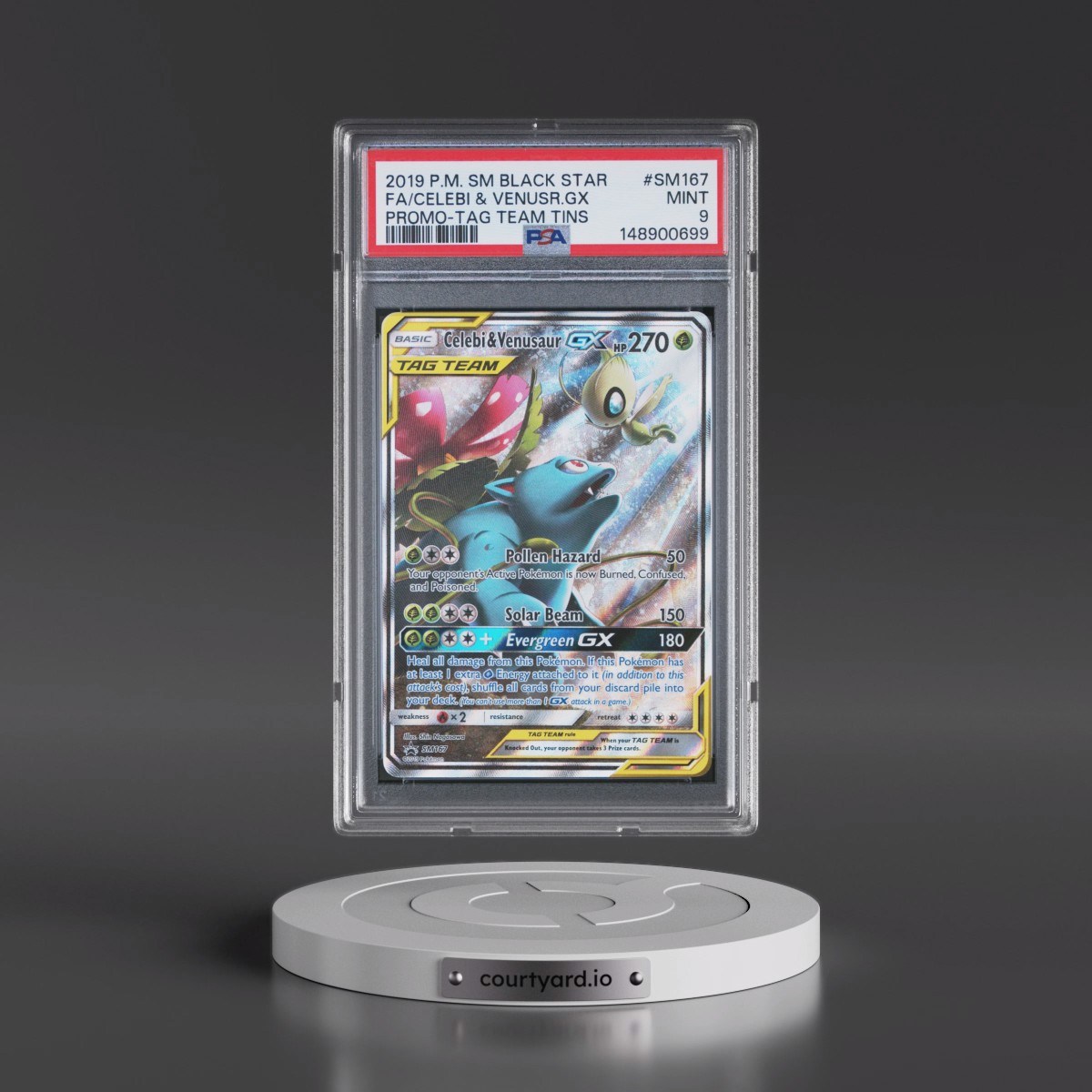 2019 Pokémon SM Black Star Promo #SM167 Celebi & Venusaur GX - Holo Full Art Tag Team Tins (PSA 9 MINT)