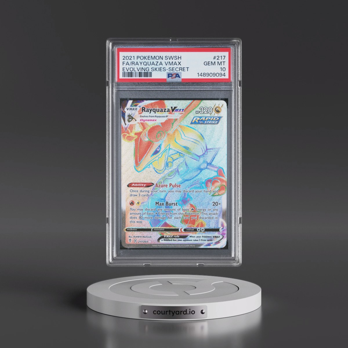 2021 Pokémon Sword & Shield Evolving Skies #217 Rayquaza Vmax - Full Art Secret (PSA 10 GEM MINT)