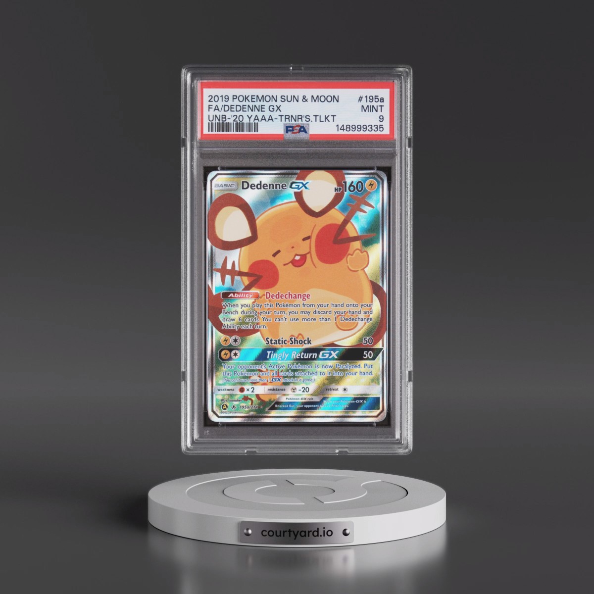 2019 Pokémon Sun & Moon Unbroken Bonds #195a Dedenne GX - Holo Full Art 2020 Yellow A Alternate Art Trainer's Toolkit (PSA 9 MINT)