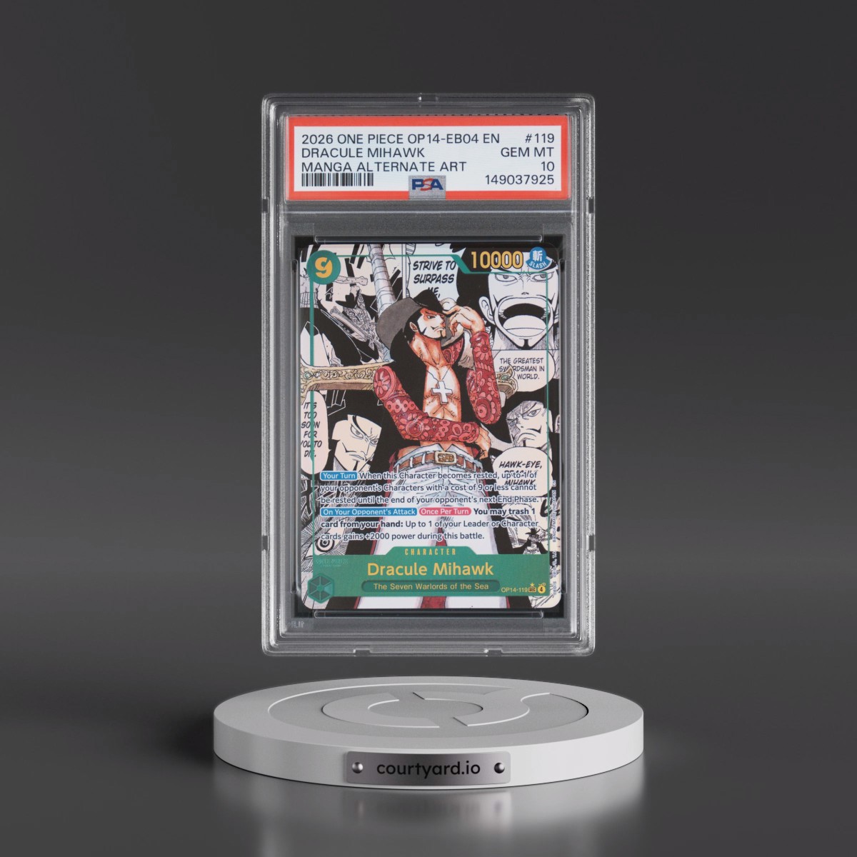 2026 One Piece OP14-EB04-The Azure Sea's Seven #119 Dracule Mihawk - Manga Alternate Art (PSA 10 GEM MINT)