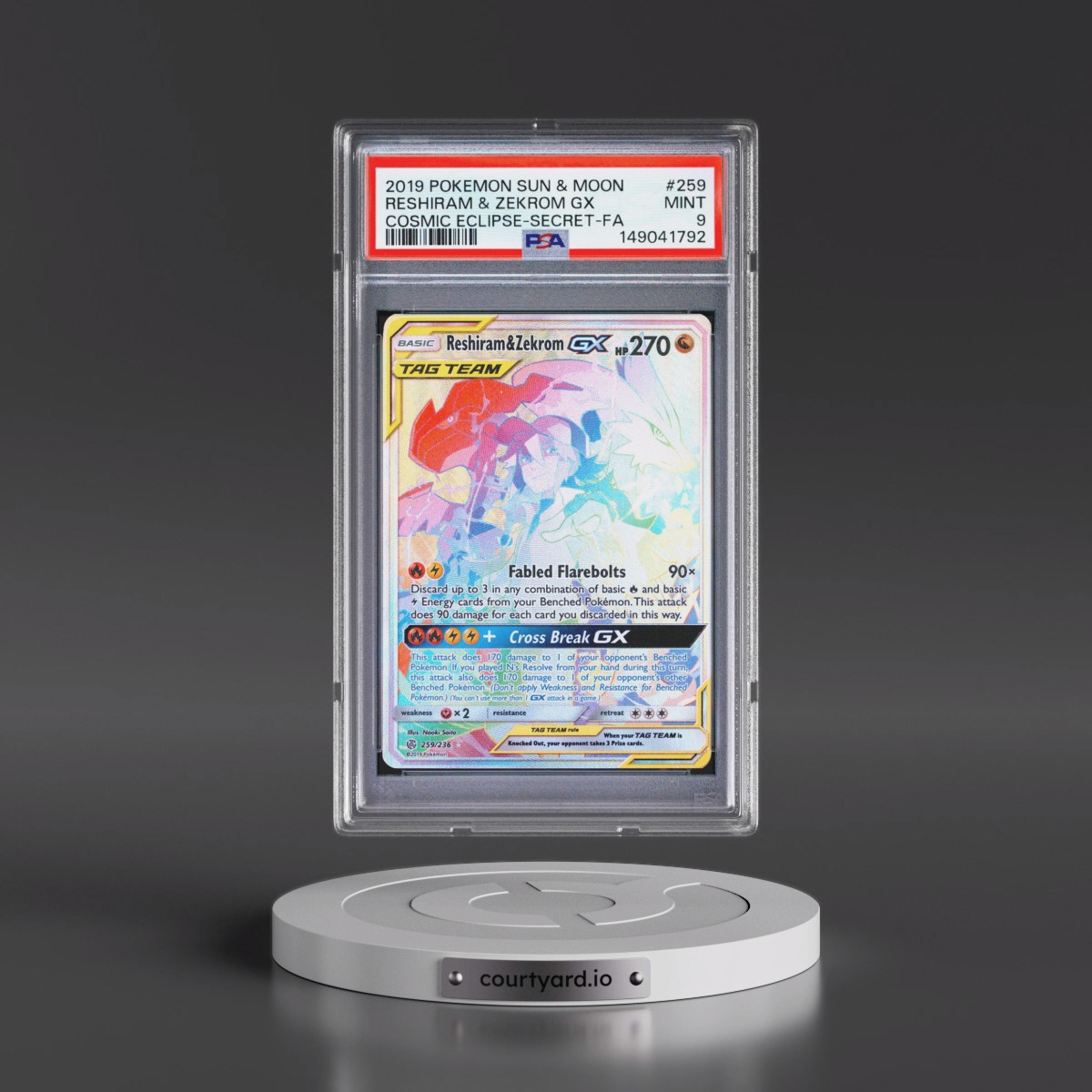 2019 Pokémon Sun & Moon Cosmic Eclipse #259 Reshiram & Zekrom GX - Holo Full Art Secret (PSA 9 MINT)