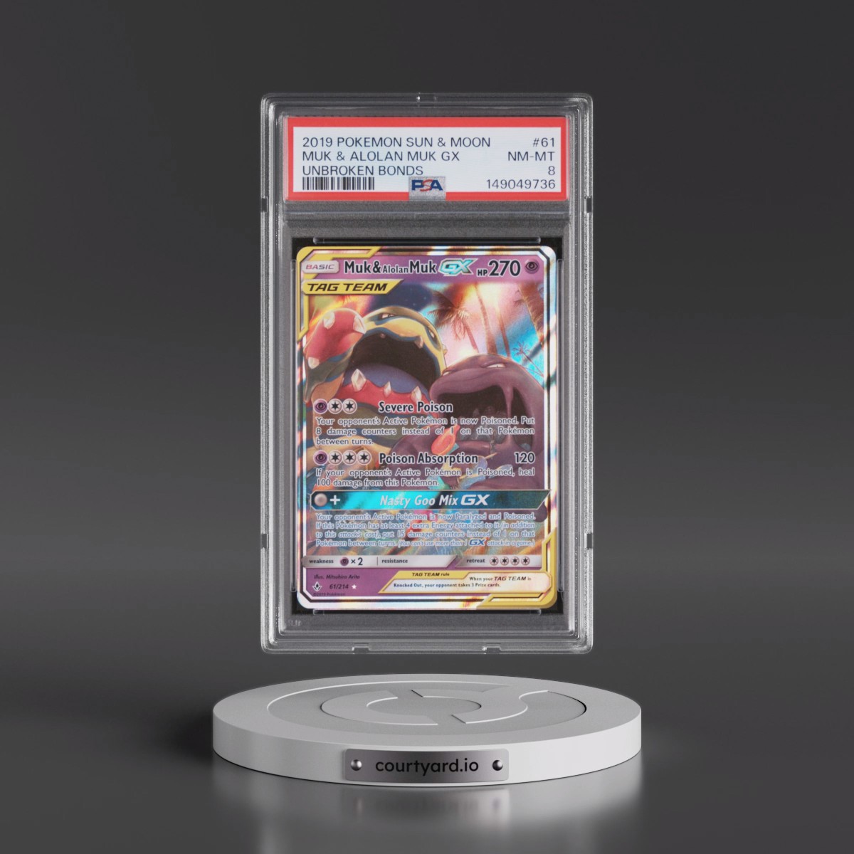 2019 Pokémon Sun & Moon Unbroken Bonds #61 Muk & Alolan Muk GX - Holo (PSA 8 NM-MT)