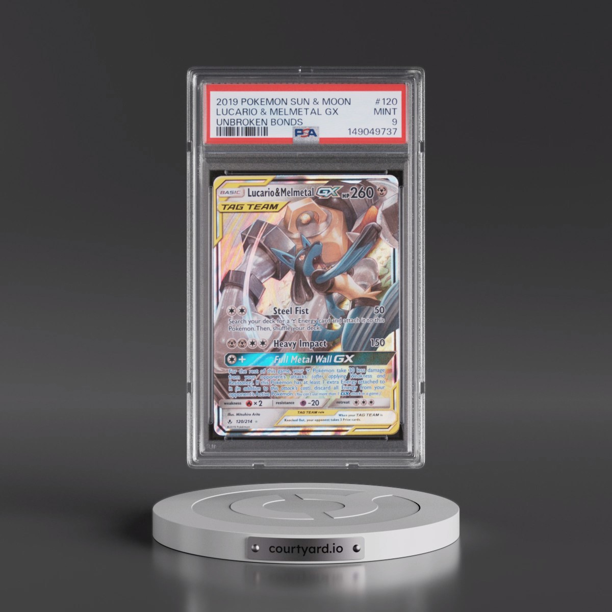 2019 Pokémon Sun & Moon Unbroken Bonds #120 Lucario & Melmetal GX - Holo (PSA 9 MINT)