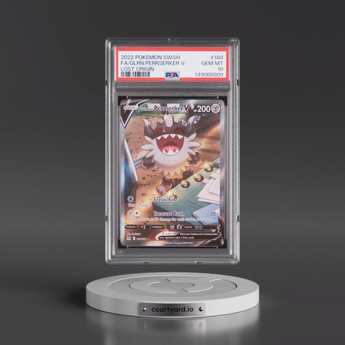2022 Pokémon Sword & Shield Lost Origin #184 Galarian Perrserker V - Holo Full Art (PSA 10 GEM MINT)