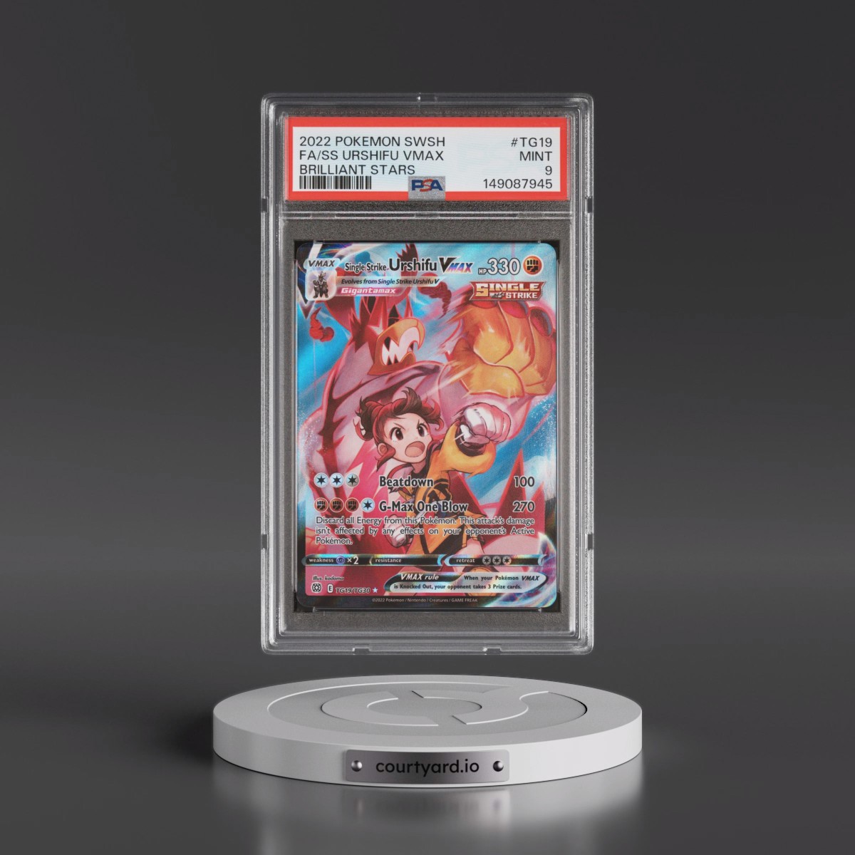 2022 Pokémon Sword & Shield Brilliant Stars #TG19 Single Strike Urshifu Vmax - Full Art (PSA 9 MINT)