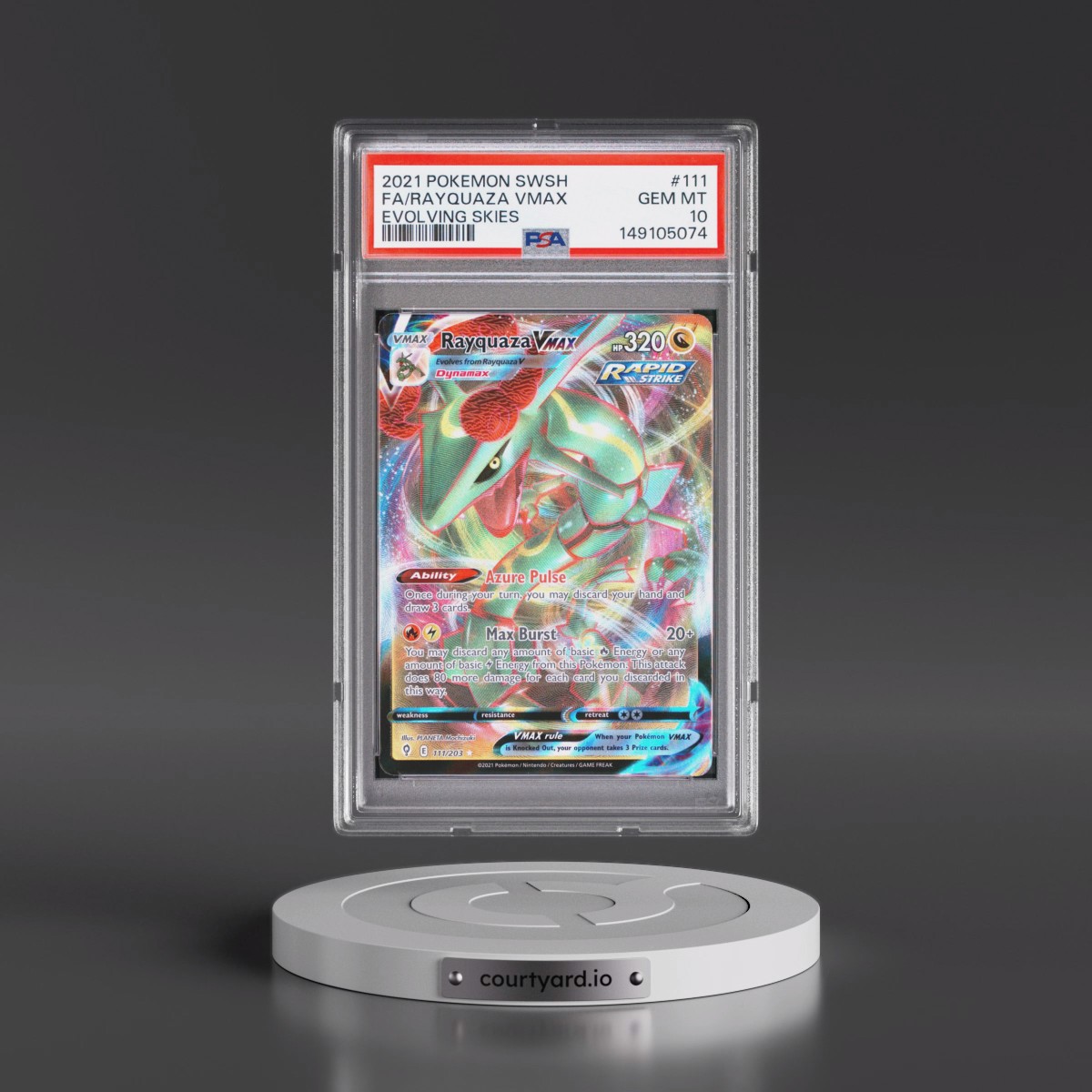 2021 Pokémon Sword & Shield Evolving Skies #111 Rayquaza Vmax - Full Art (PSA 10 GEM MINT)