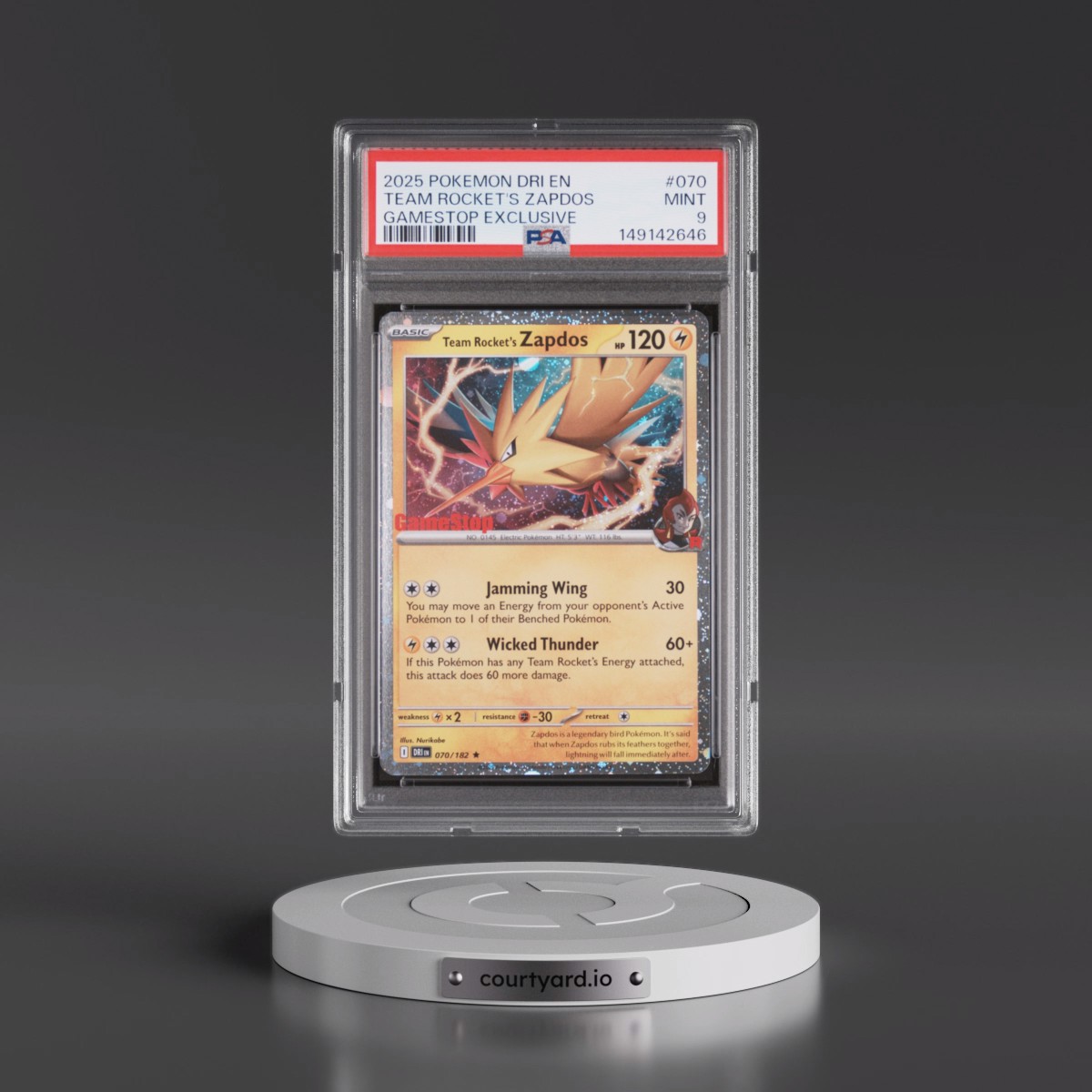 2025 Pokémon Dri EN-Destined Rivals #070 Team Rocket's Zapdos - Gamestop Exclusive (PSA 9 MINT)