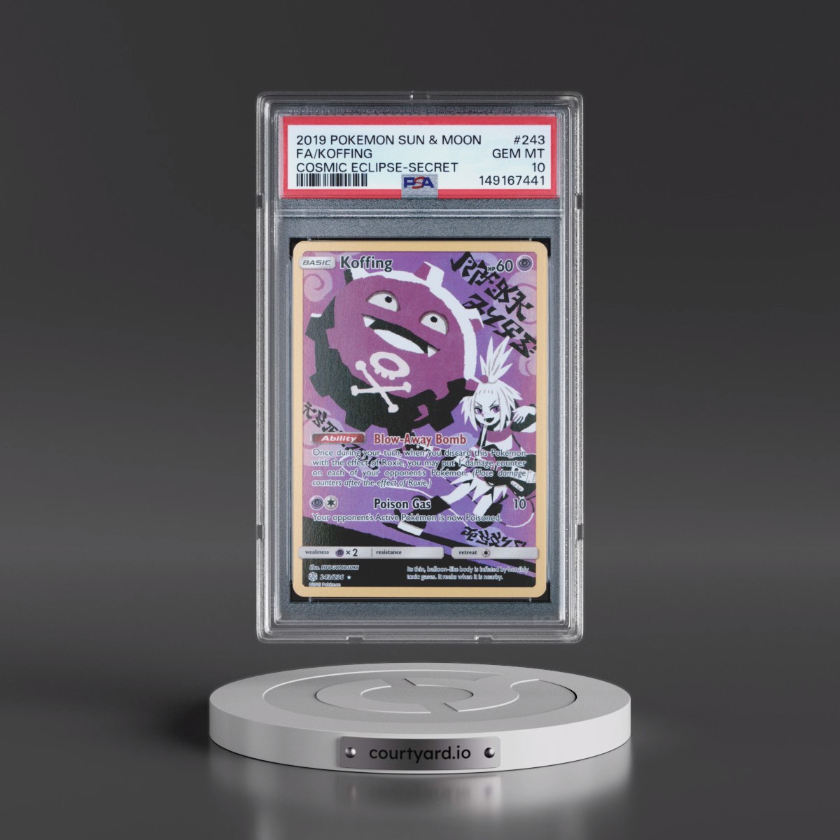 2019 Pokémon Sun & Moon Cosmic Eclipse #243 Koffing - Full Art Secret (PSA 10 GEM MINT)