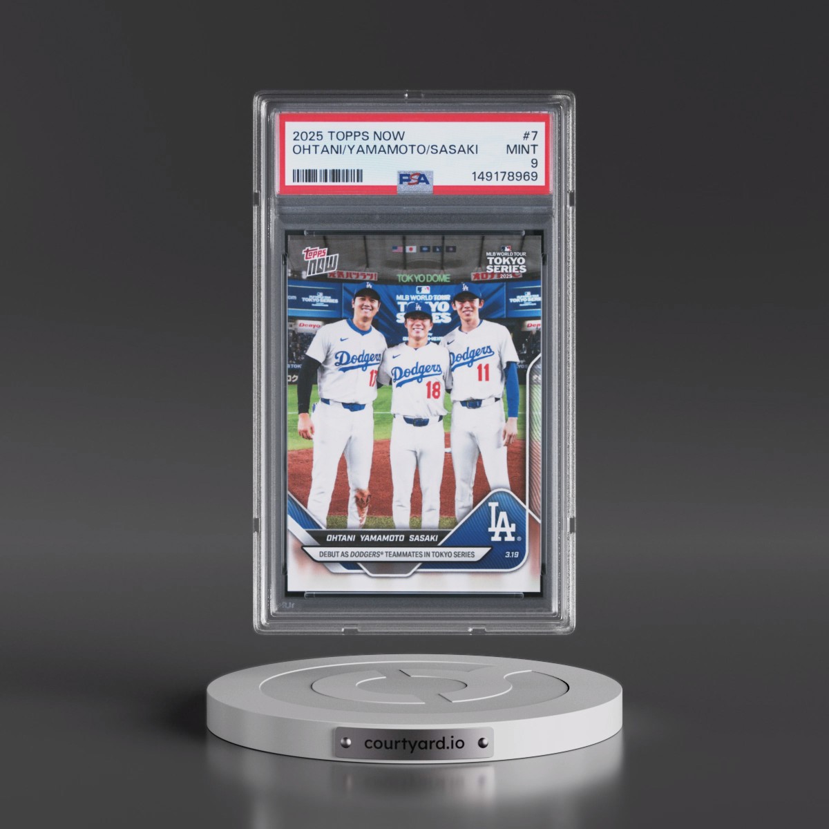 2025 Topps Now #7 Roki Sasaki/Shohei Ohtani/Yoshinobu Yamamoto (PSA 9 MINT)
