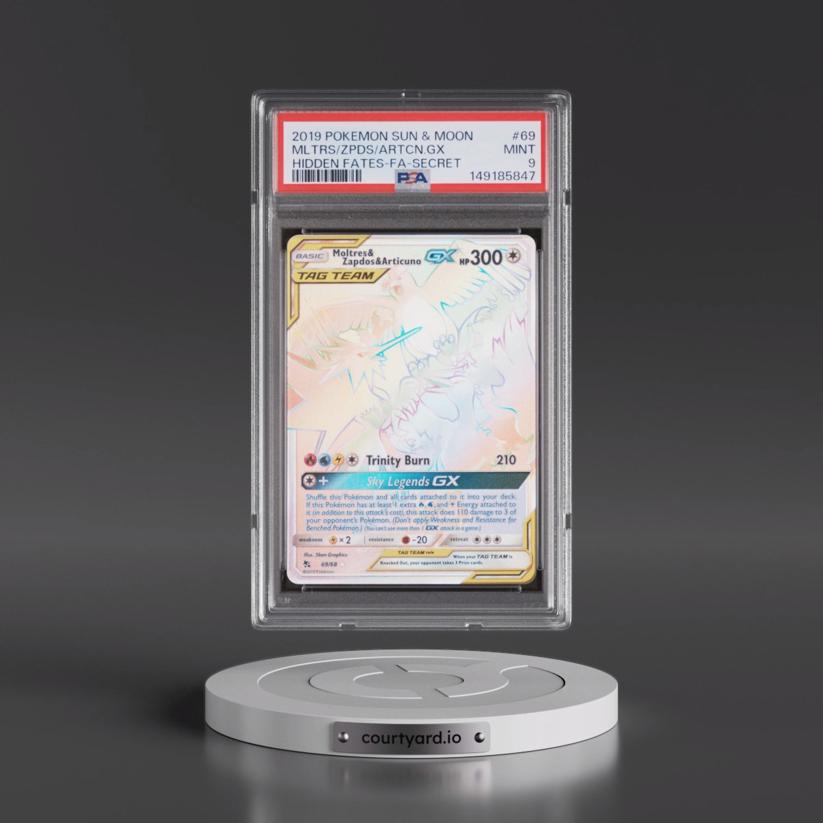 2019 Pokémon Sun & Moon Hidden Fates #69 Moltres & Zapdos & Articuno GX - Holo Full Art Secret (PSA 9 MINT)