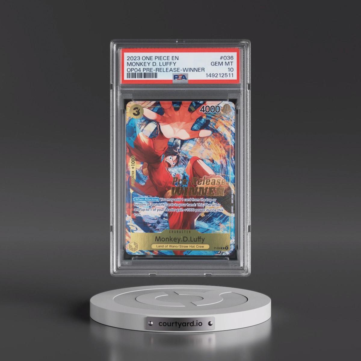 2023 One Piece Promos #036 Monkey D. Luffy - Kingdoms of Intrigue Pre-Release-Winner (PSA 10 GEM MINT)