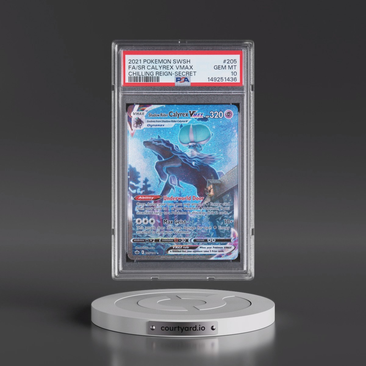 2021 Pokémon Sword & Shield Chilling Reign #205 Shadow Rider Calyrex Vmax - Full Art Secret (PSA 10 GEM MINT)