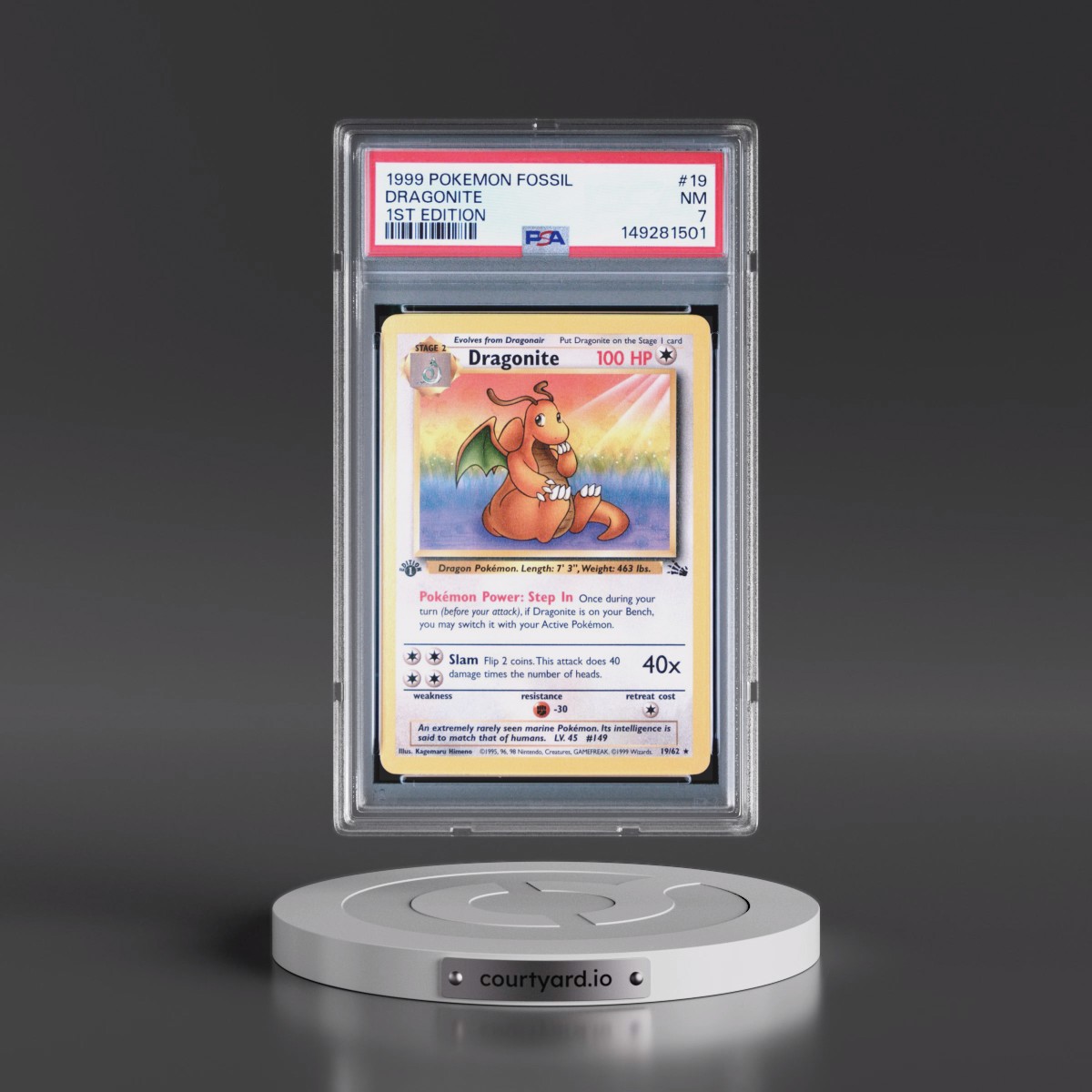 1999 Pokémon Fossil #19 Dragonite - 1st Edition (PSA 7 NM)