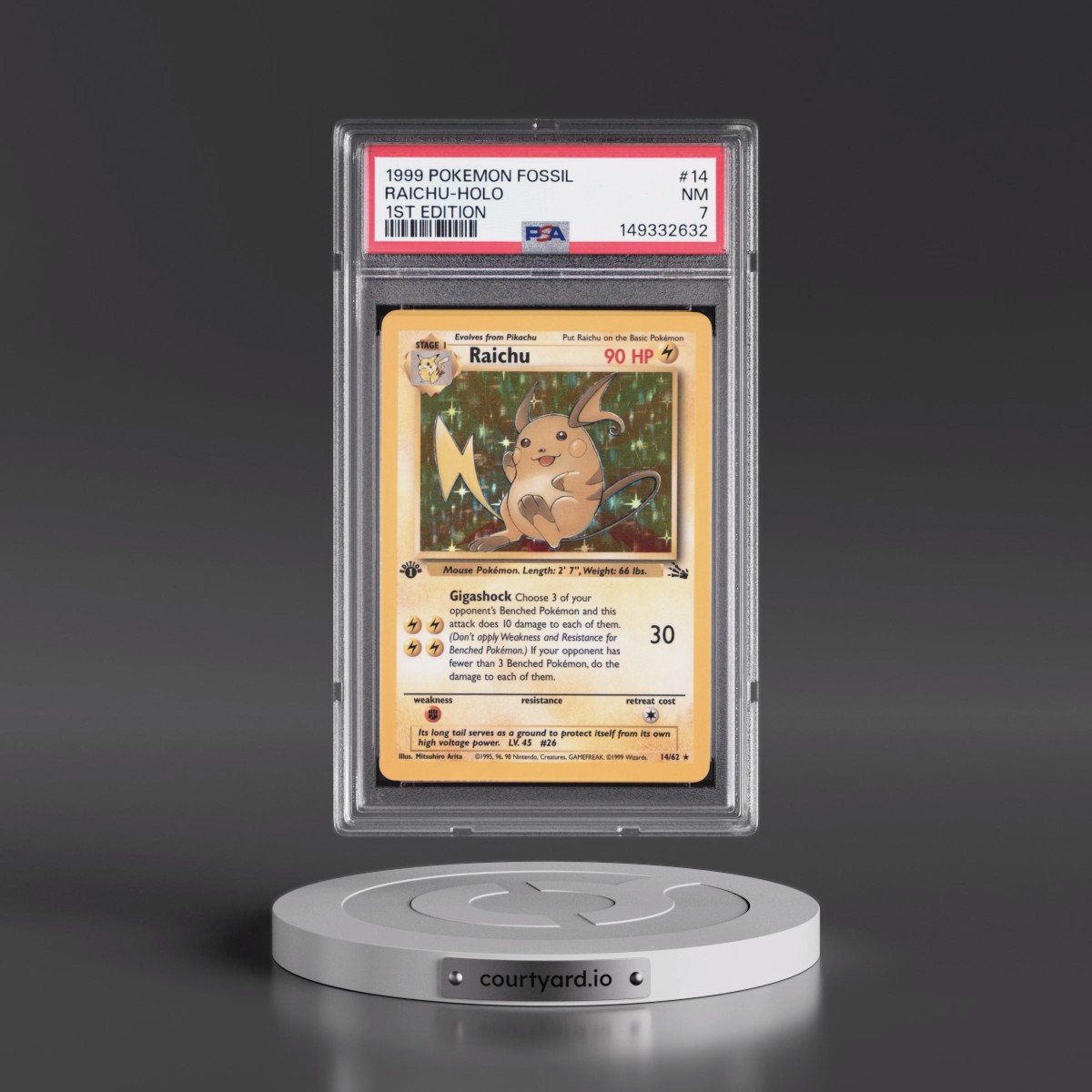 1999 Pokémon Fossil #14 Raichu - 1st Edition Holo (PSA 7 NM)