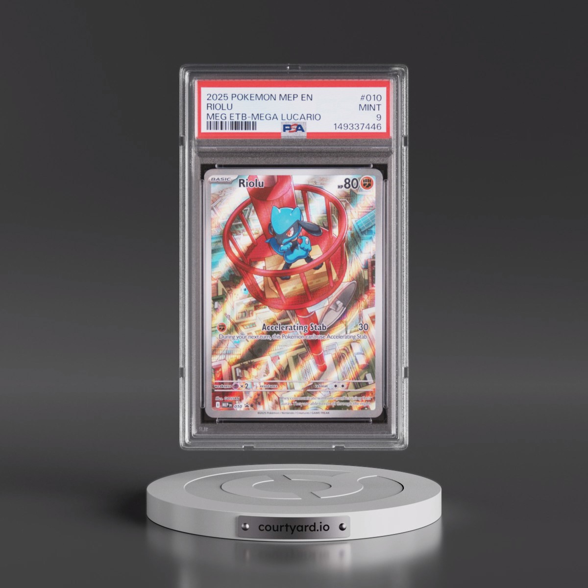 2025 Pokémon Mep EN-Me Black Star Promo #010 Riolu - Mega Evolution Elite Trainer Box-Mega Lucario (PSA 9 MINT)