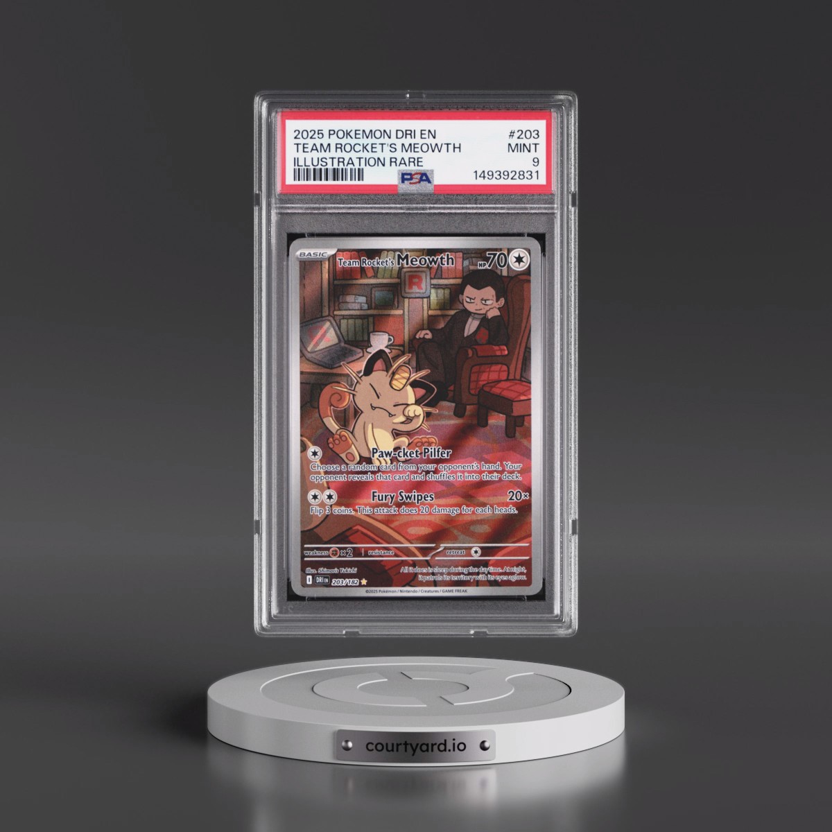 2025 Pokémon Dri EN-Destined Rivals #203 Team Rocket's Meowth - Illustration Rare (PSA 9 MINT)
