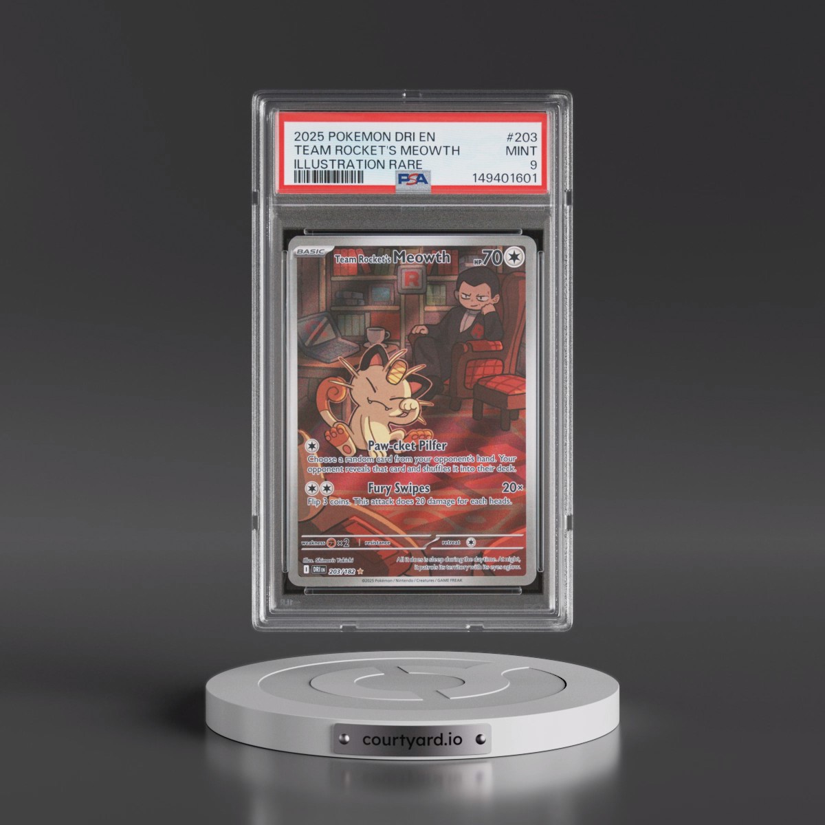 2025 Pokémon Dri EN-Destined Rivals #203 Team Rocket's Meowth - Illustration Rare (PSA 9 MINT)