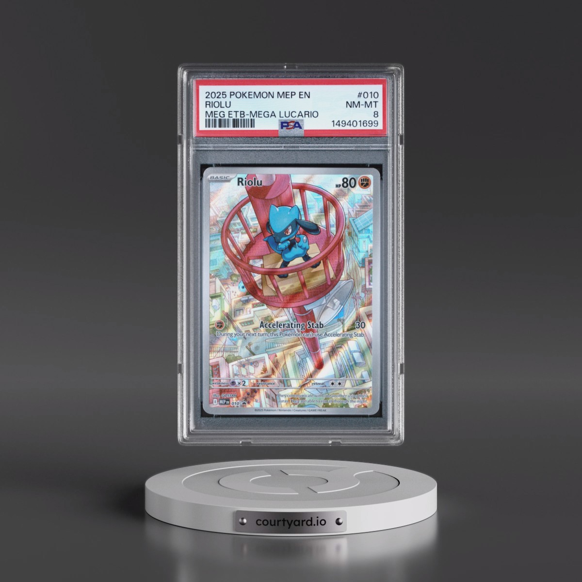 2025 Pokémon Mep EN-Me Black Star Promo #010 Riolu - Mega Evolution Elite Trainer Box-Mega Lucario (PSA 8 NM-MT)