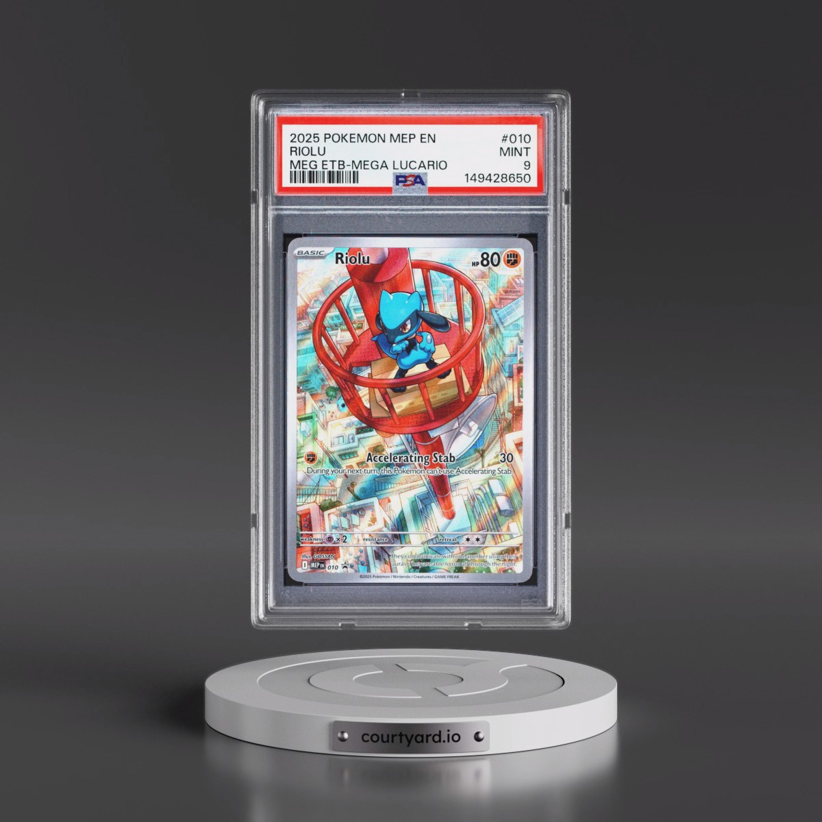 2025 Pokémon Mep EN-Me Black Star Promo #010 Riolu - Mega Evolution Elite Trainer Box-Mega Lucario (PSA 9 MINT)