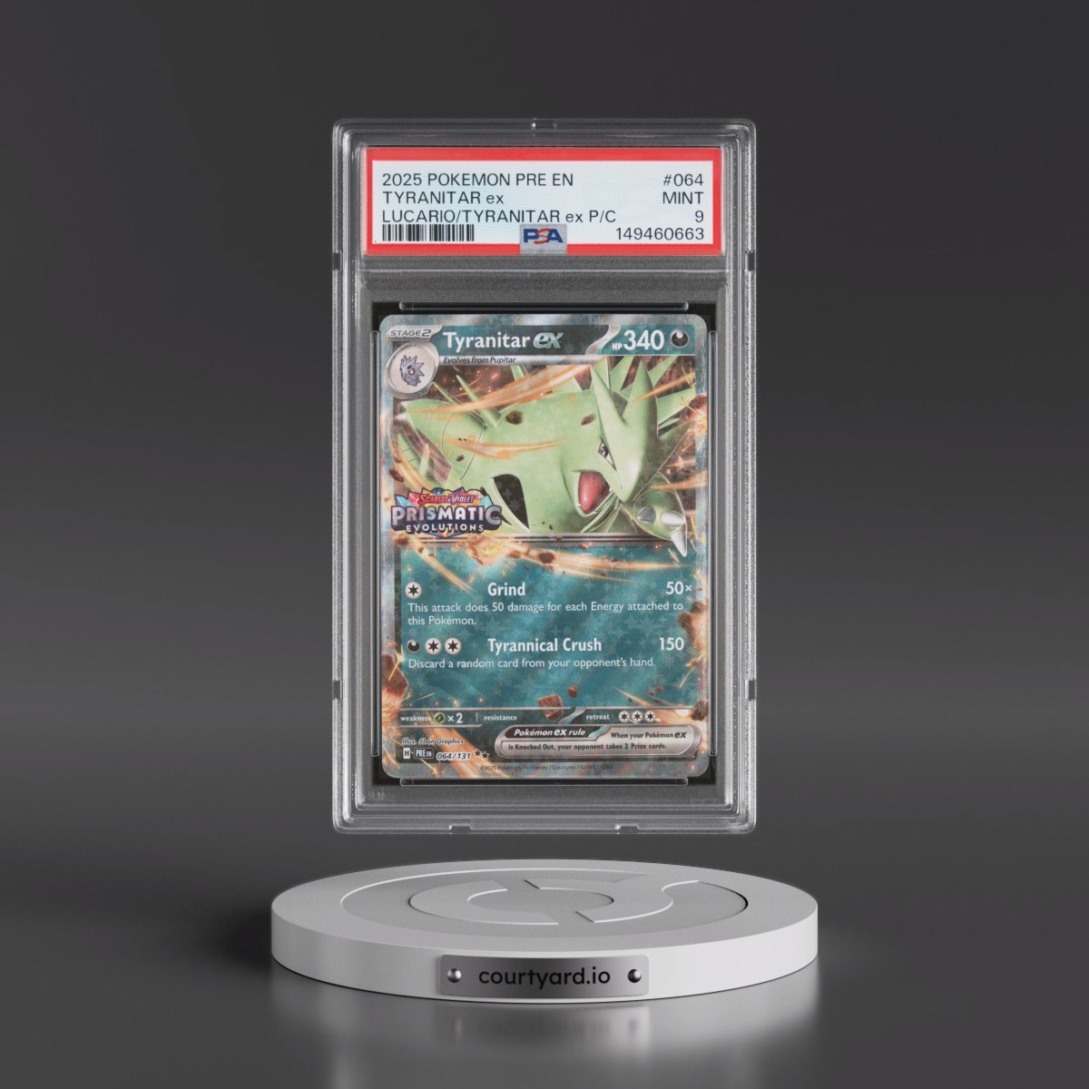 2025 Pokémon Pre EN-Prismatic Evolutions #064 Tyranitar EX - Holo Lucario EX & Tyranitar EX Premium Collection (PSA 9 MINT)