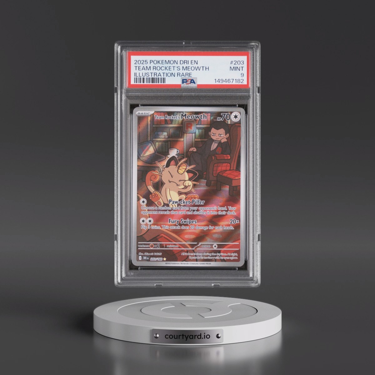 2025 Pokémon Dri EN-Destined Rivals #203 Team Rocket's Meowth - Illustration Rare (PSA 9 MINT)