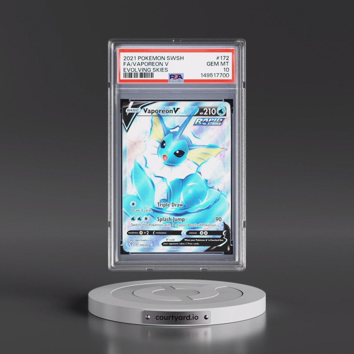 2021 Pokémon Sword & Shield Evolving Skies #172 Vaporeon V - Holo Full Art (PSA 10 GEM MINT)