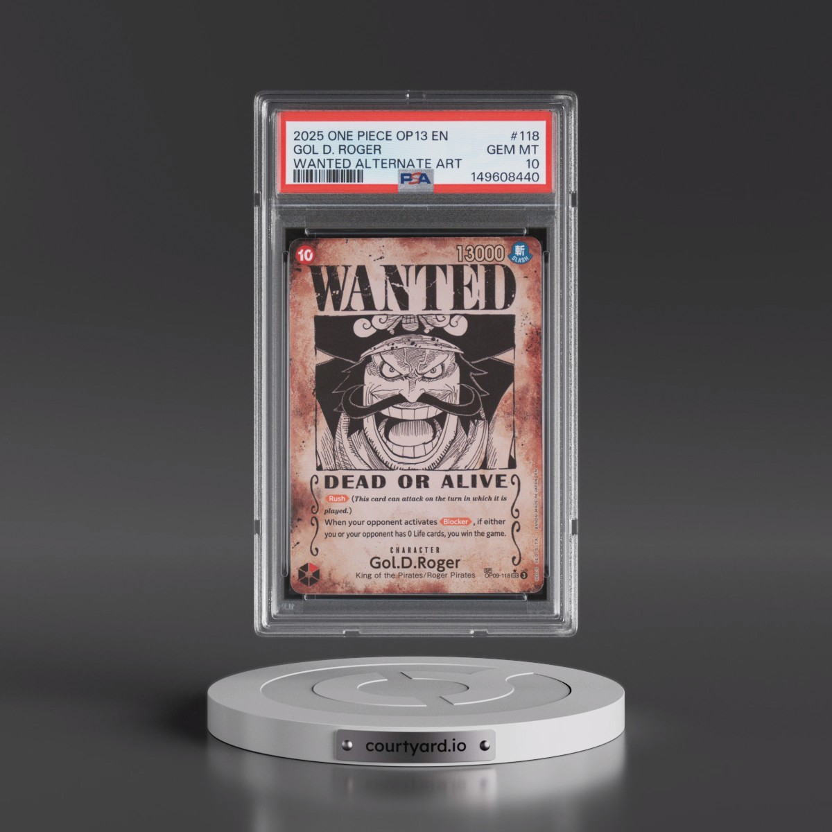 2025 One Piece OP13-Carrying on His Will #118 Gol D. Roger - Wanted Alternate Art (PSA 10 GEM MINT)