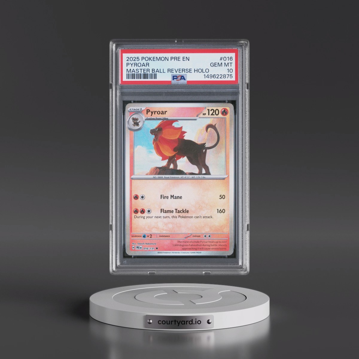 2025 Pokémon Pre EN-Prismatic Evolutions #016 Pyroar - Reverse Holo Master Ball (PSA 10 GEM MINT)