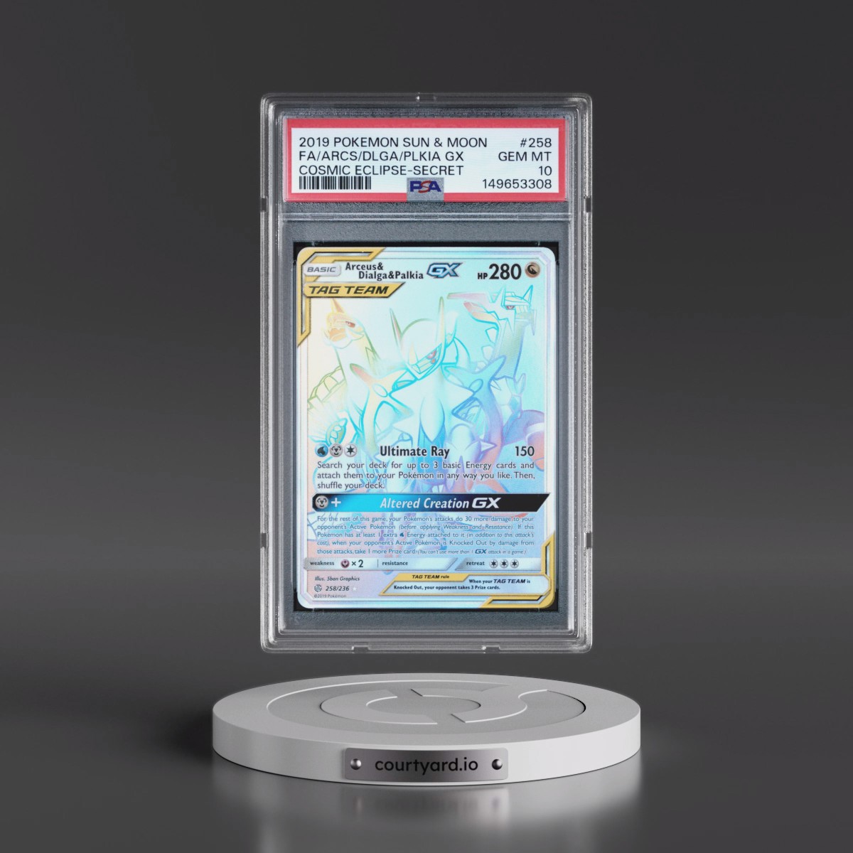2019 Pokémon Sun & Moon Cosmic Eclipse #258 Arceus & Dialga & Palkia GX - Holo Full Art Secret (PSA 10 GEM MINT)