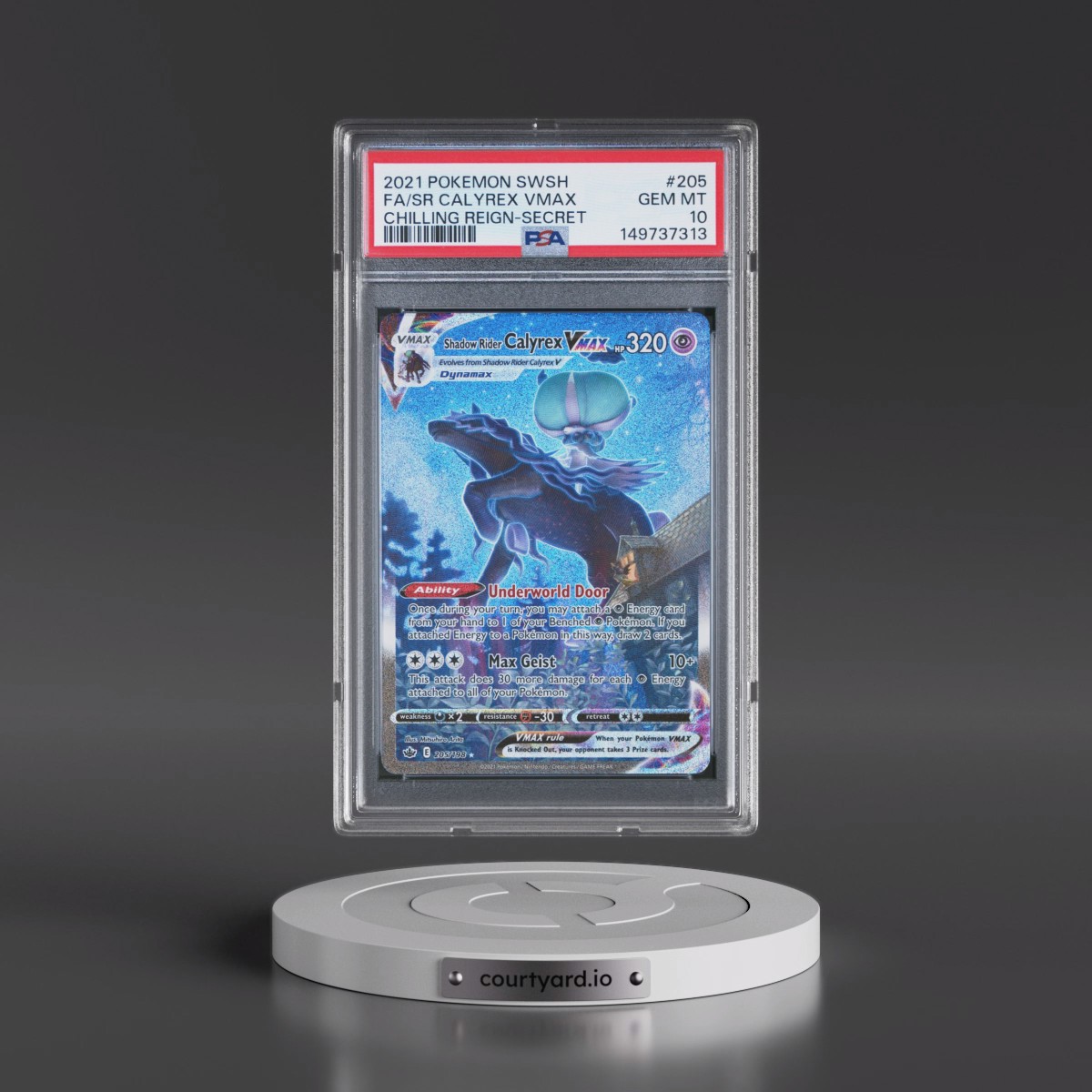 2021 Pokémon Sword & Shield Chilling Reign #205 Shadow Rider Calyrex Vmax - Full Art Secret (PSA 10 GEM MINT)