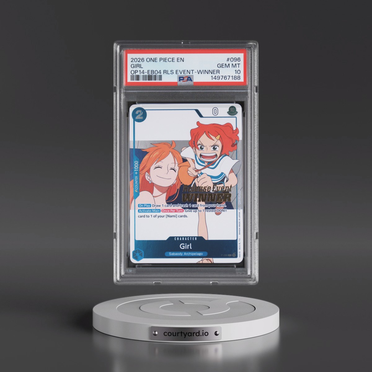 2026 One Piece Promos #096 Girl - The Azure Sea's Seven Release Event-Winner (PSA 10 GEM MINT)