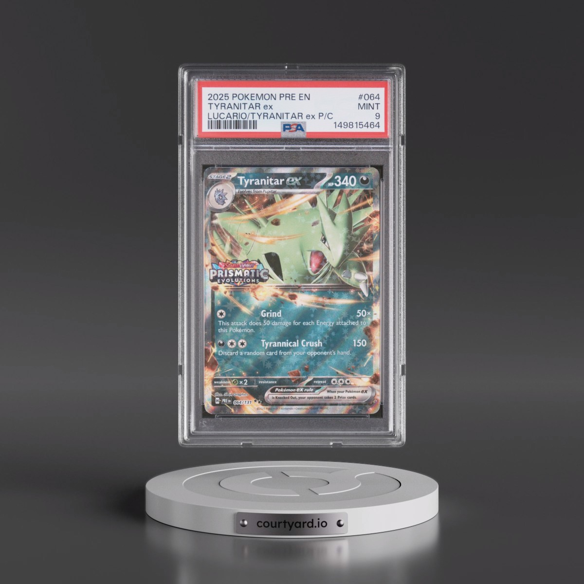 2025 Pokémon Pre EN-Prismatic Evolutions #064 Tyranitar EX - Holo Lucario EX & Tyranitar EX Premium Collection (PSA 9 MINT)