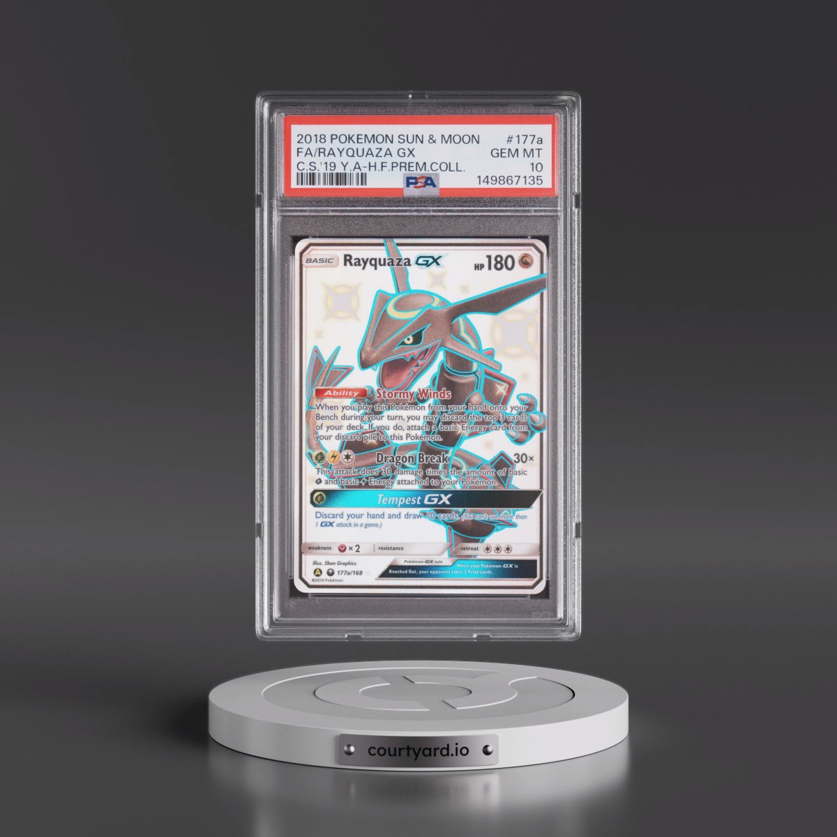 2018 Pokémon Sun & Moon Celestial Storm #177a Rayquaza GX - Holo Full Art 2019 Yellow A Hidden Fates Premium Collection (PSA 10 GEM MINT)