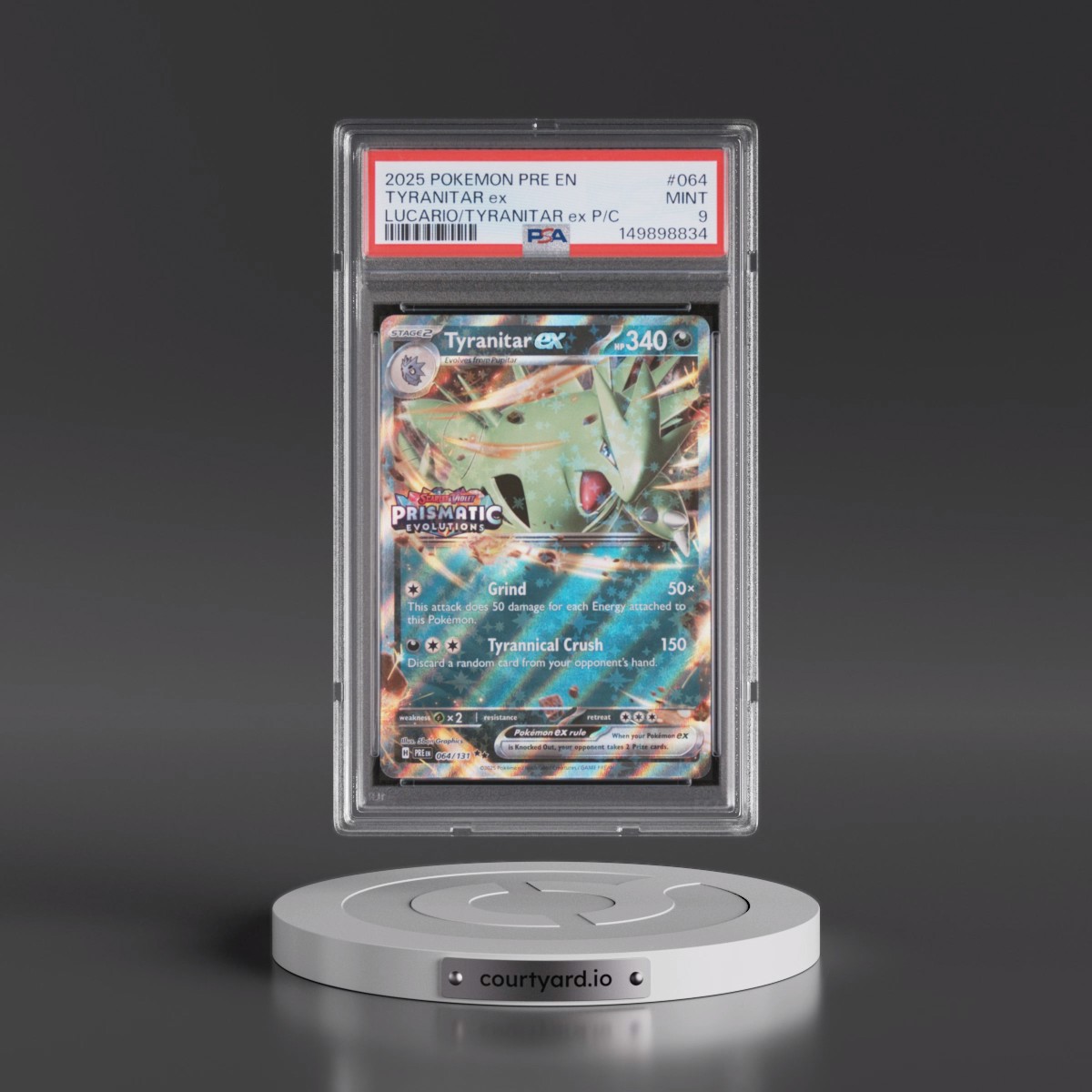 2025 Pokémon Pre EN-Prismatic Evolutions #064 Tyranitar EX - Holo Lucario EX & Tyranitar EX Premium Collection (PSA 9 MINT)