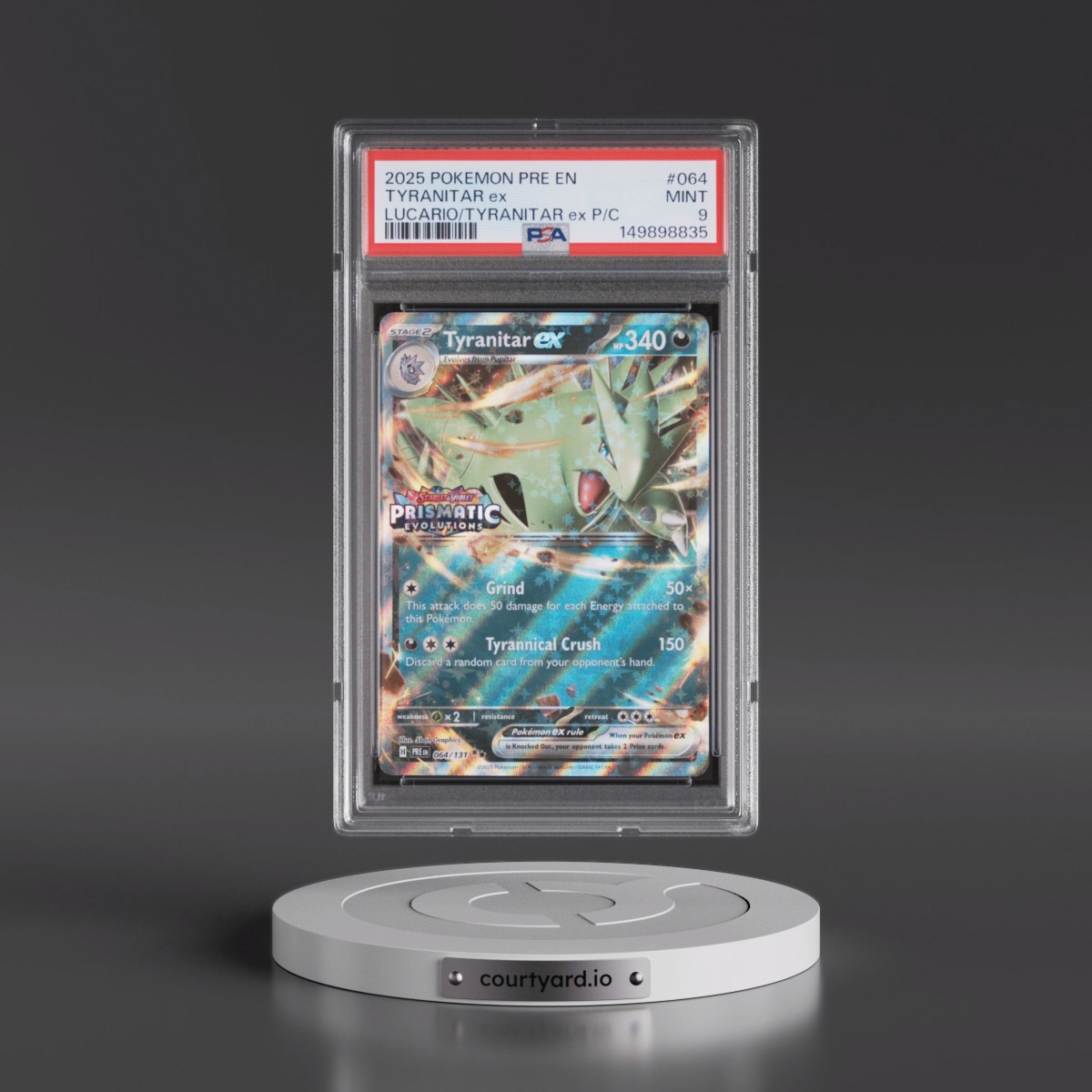 2025 Pokémon Pre EN-Prismatic Evolutions #064 Tyranitar EX - Holo Lucario EX & Tyranitar EX Premium Collection (PSA 9 MINT)