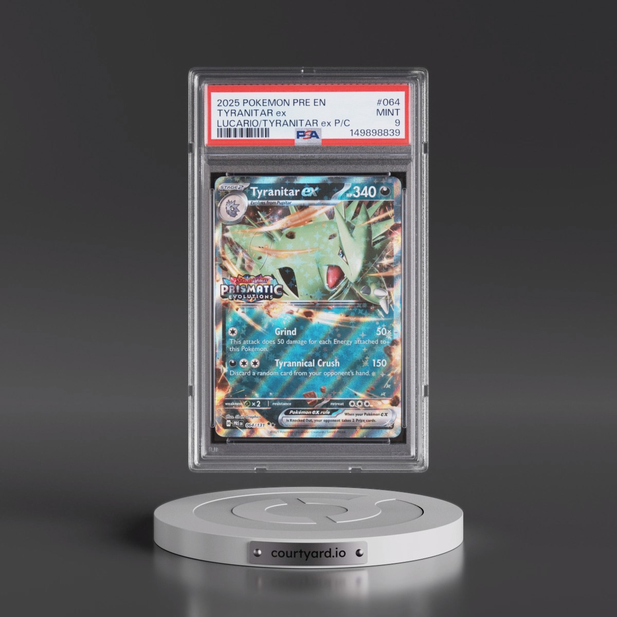 2025 Pokémon Pre EN-Prismatic Evolutions #064 Tyranitar EX - Holo Lucario EX & Tyranitar EX Premium Collection (PSA 9 MINT)