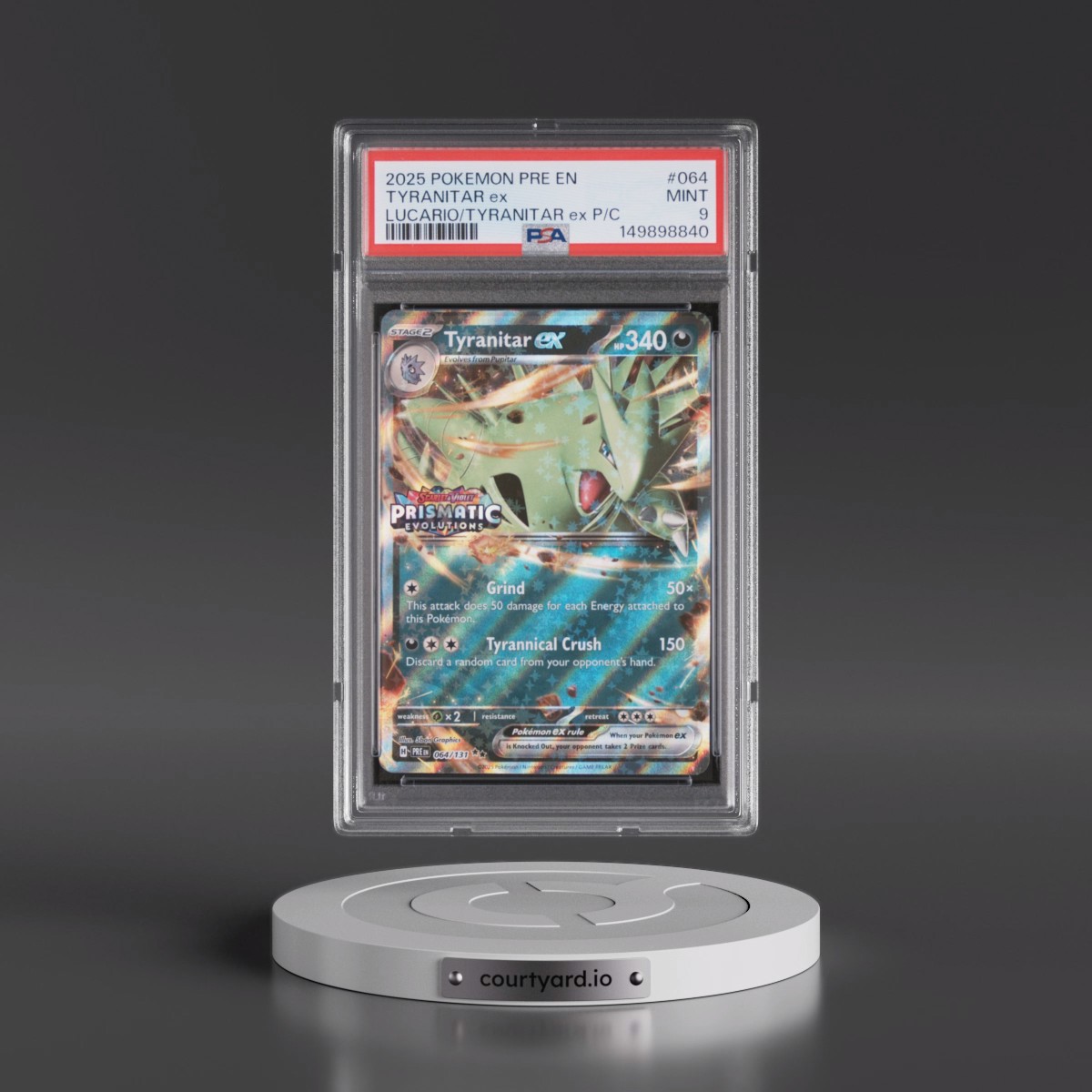 2025 Pokémon Pre EN-Prismatic Evolutions #064 Tyranitar EX - Holo Lucario EX & Tyranitar EX Premium Collection (PSA 9 MINT)