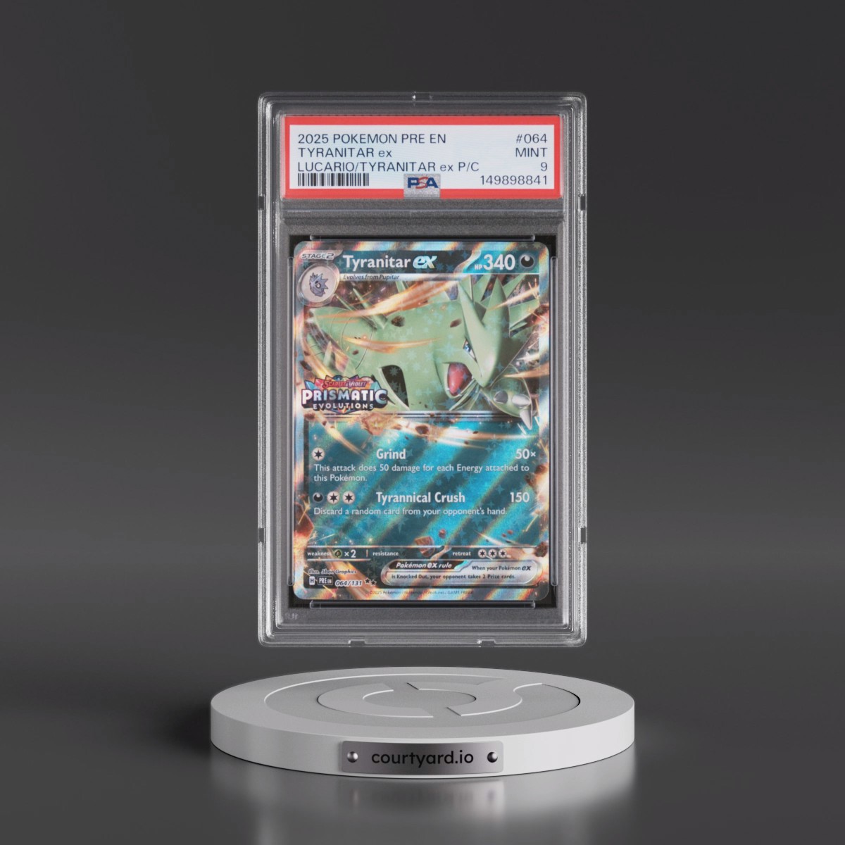 2025 Pokémon Pre EN-Prismatic Evolutions #064 Tyranitar EX - Holo Lucario EX & Tyranitar EX Premium Collection (PSA 9 MINT)