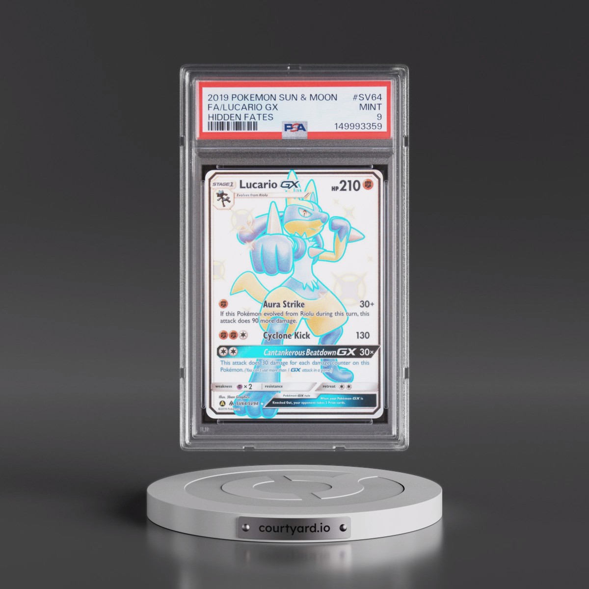 2019 Pokémon Sun & Moon Hidden Fates #SV64 Lucario GX - Holo Full Art (PSA 9 MINT)