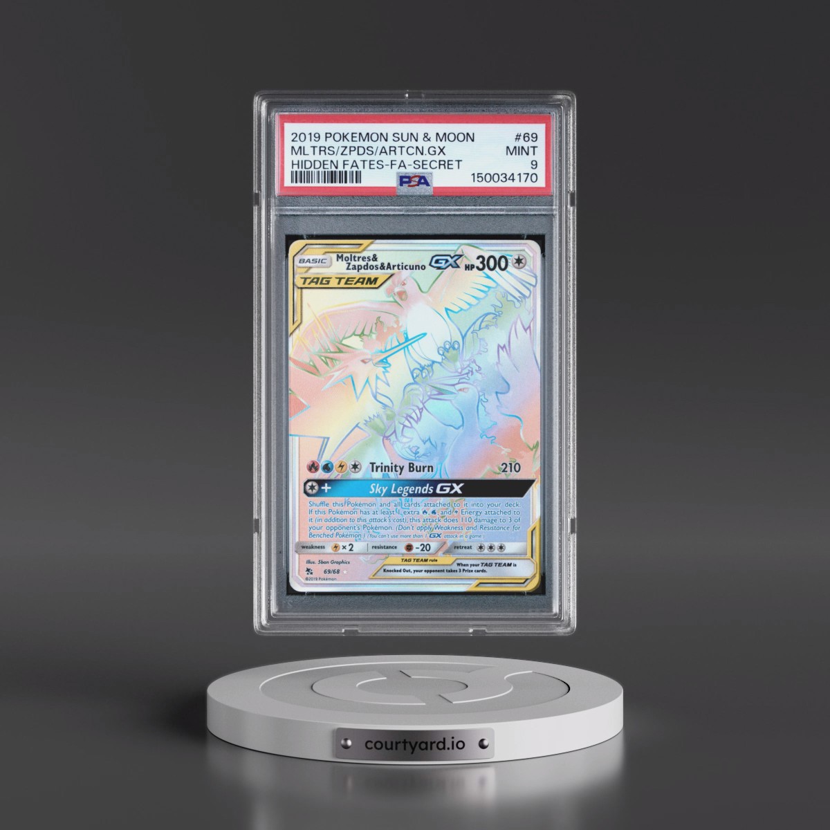 2019 Pokémon Sun & Moon Hidden Fates #69 Moltres & Zapdos & Articuno GX - Holo Full Art Secret (PSA 9 MINT)