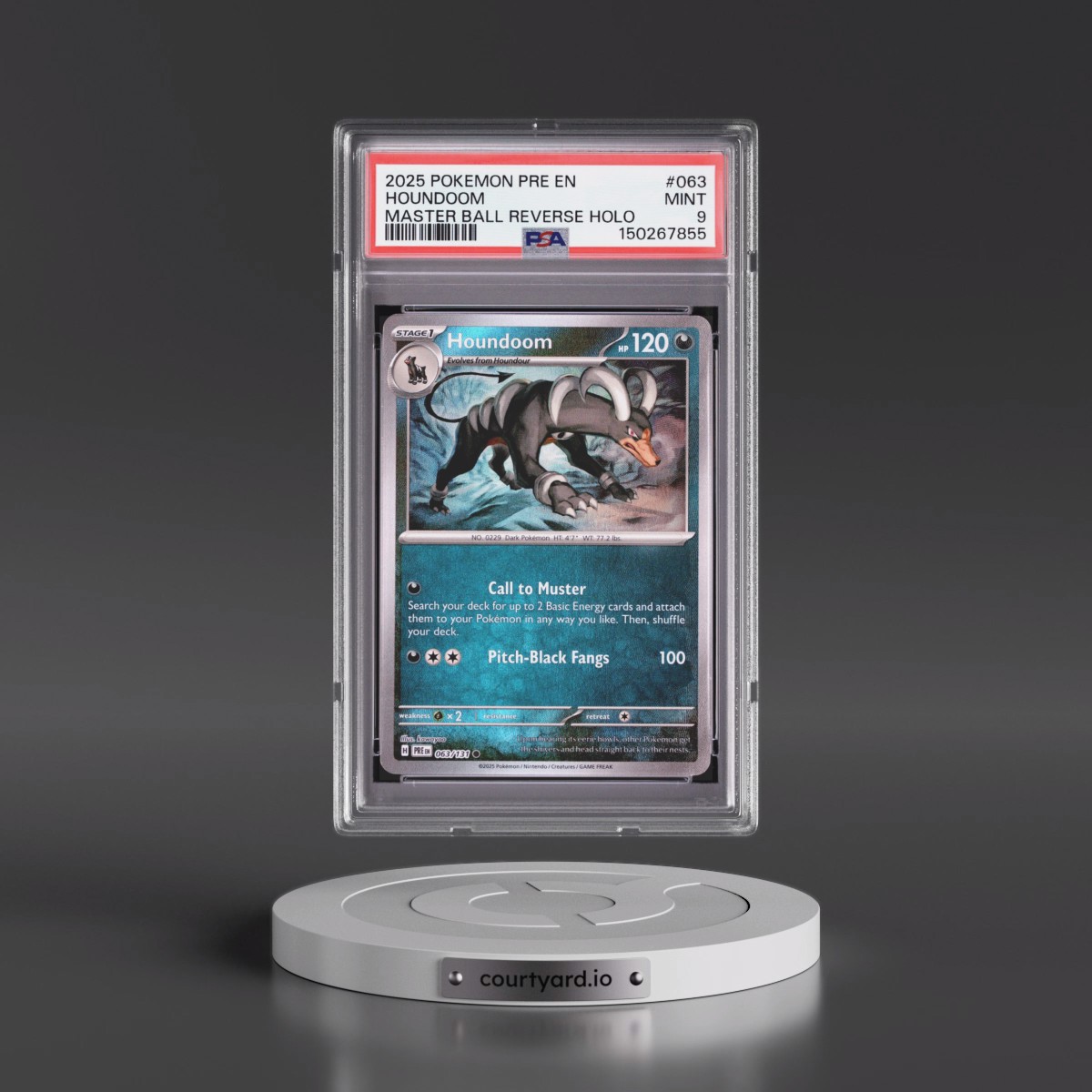 2025 Pokémon Pre EN-Prismatic Evolutions #063 Houndoom - Reverse Holo Master Ball (PSA 9 MINT)