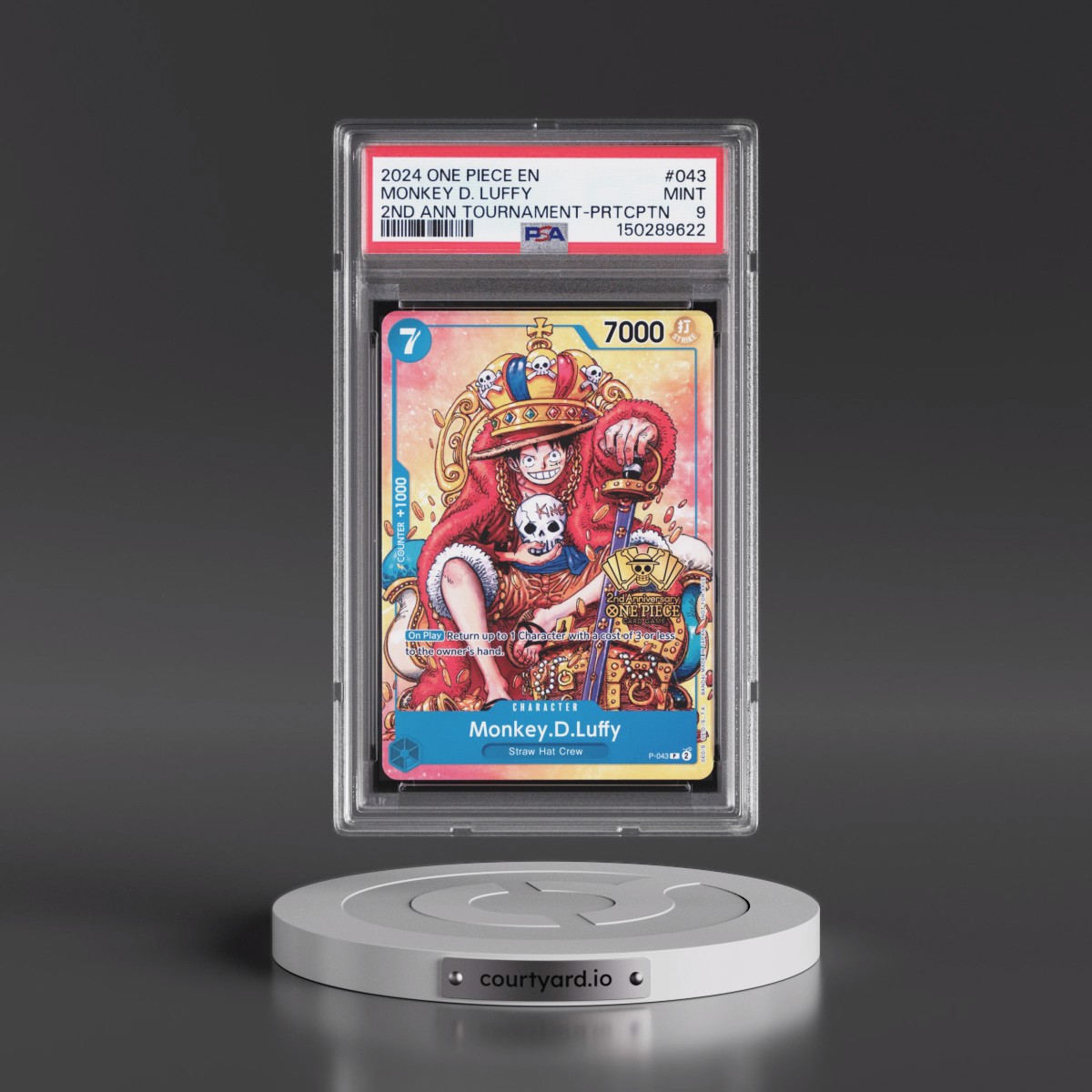 2024 One Piece Promos #043 Monkey D. Luffy - 2nd Anniversary Tournament-Participation (PSA 9 MINT)