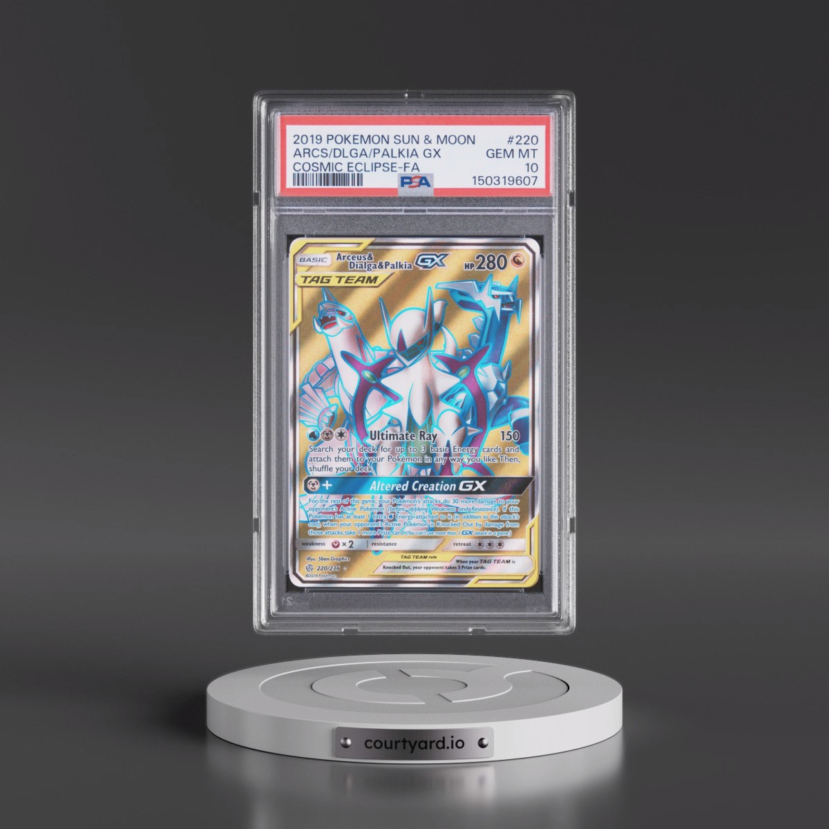 2019 Pokémon Sun & Moon Cosmic Eclipse #220 Arceus & Dialga & Palkia GX - Holo Full Art (PSA 10 GEM MINT)